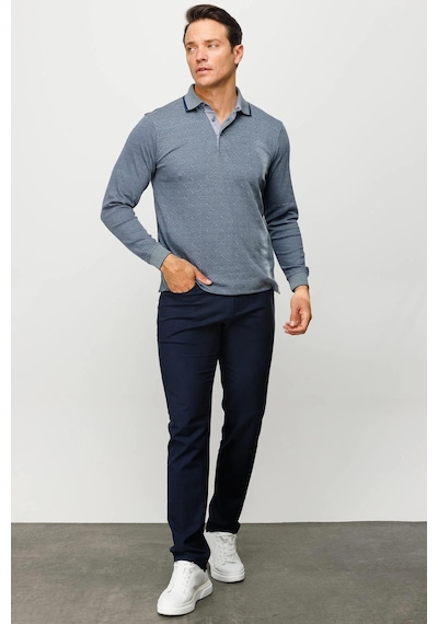 Desen Triko Erkek Polo Yaka Kare Desenli Uzun Kollu Sweatshirt Füme Füme