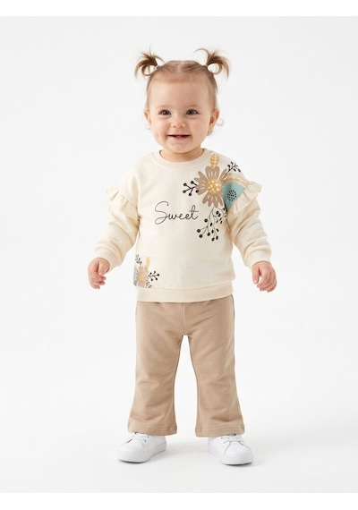 HelloBaby Pamuklu Fırfır Ve Çiçek Detaylı 2li Kız Bebek Takım Krem