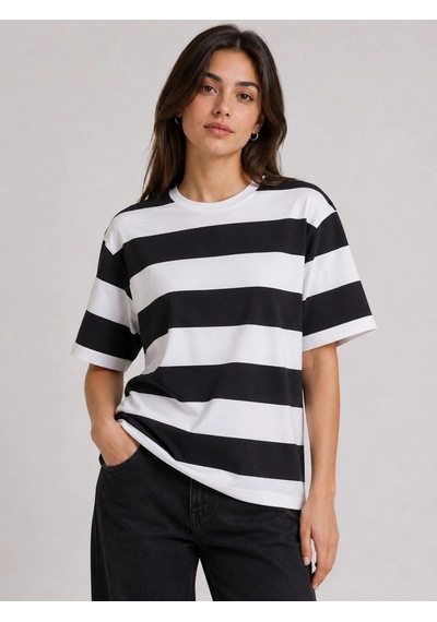 Kadın Çizgili Oversize Tişört Bisiklet Yaka Kısa Kol Yazlık T-shirt - Siyah Çok Renkli
