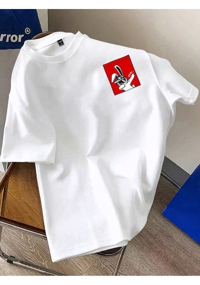 Flood Of Style Erkek Beyaz Cool Tavşan Baskılı Oversize