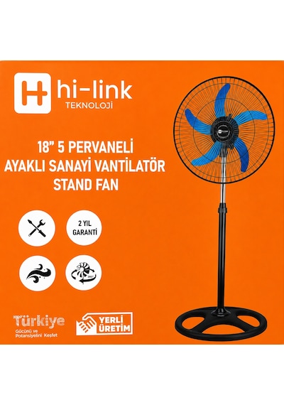 Hi-link 18 İnç Sanayi Tipi Vantilatör 5 Metal Kanatlı Ayaklı Fan 2 Yıl li