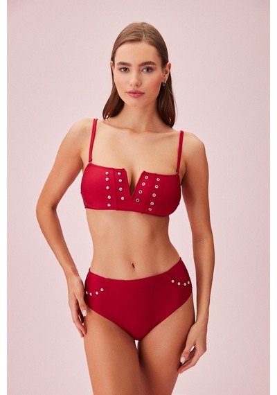 Suwen Bianca V Yaka Boncuk Detaylı Bandeu Bikini Üst Sb25785020d020 Bordo