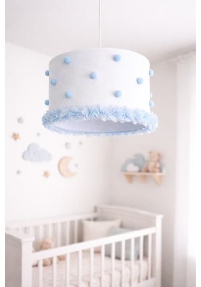 Bebek Odası Avize El Yapımı Çiçekli Kumaş Aydınlatma 30x20 Cm Silindir Dekoratif Modern Tasarım Mavi