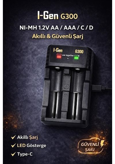 Batteries G300 Akıllı Ni-mh Pil Şarj Cihazı, Type-c Girişli 2 Slot Hızlı Şarj Aleti, Aa / Aaa / C / D Şarjlı Pil Uyumlu