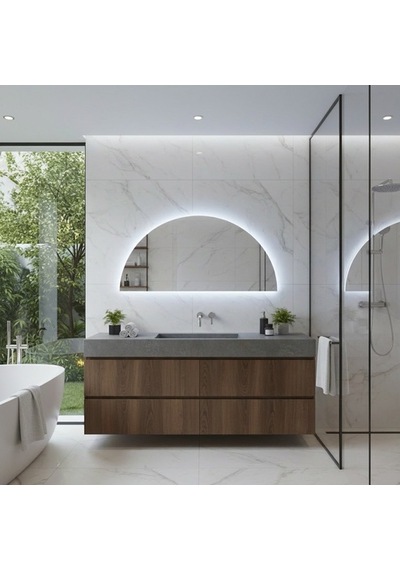 55x110 Cm Yarım Oval Led Banyo Aynası Dokunmatik Sensörlü, Dimmerli, 6500 Beyaz Işıklı Modern Duvar Aynası Beyaz