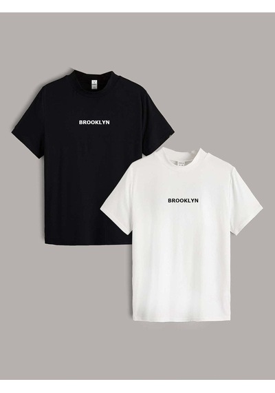 2'li Siyah Beyaz - Unisex Oversize Yaka Brooklyn Baskılı Örme T-shirt Siyah-beyaz