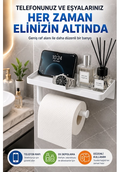 Beyaz Yapışkanlı Raflı Tuvalet Kağıdı Askılığı Delmeden Montaj Banyo Organizer Telefon Rafı Askısı