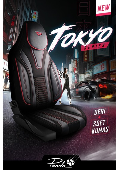 Siyah - Kırmızı Panda Tokyo Serisi Süet Ve Deri Kumaş Lüks Oto Koltuk Kılıfı - Tam Set