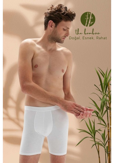 Weweus Beyaz Erkek Süper İnce Doğal Bambu Lüks Uzun Boxer 1013 Beyaz