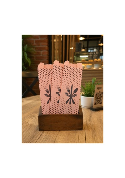 Somon Renk Baskılı Çatal Bıçak Kılıfı 8x4x25 Cm Afiyet Olsun Tek Kullanımlık Restoran Cafe Kılıfı 200 Adet