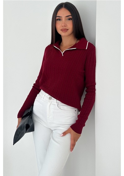 Femelle Kadın Bordo Polo Yaka Standart Beden Triko Bluz