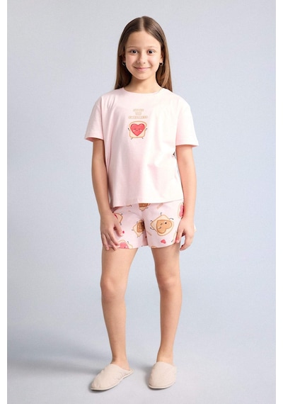 Defacto Regular Fıt 2li Pijama Şort Tişört Takımı Kız Çocuk H5509a826smpn256 Pembe-pn256
