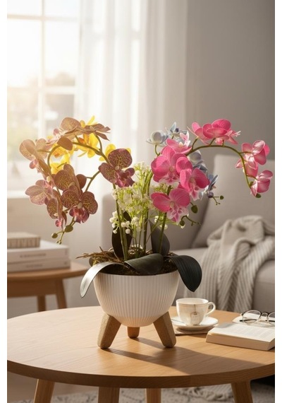 Yapay Çiçek Renkli Orkide Salon Çiçeği Zigon Saksıda Yapay Bitki 45 45cm Yeşil