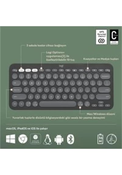 Logıtech K380s Pebble Keys 2 Çoklu Cihaz Özellikli Bluetooth Türkçe Q Klavye Gri 920-011859 Lazer