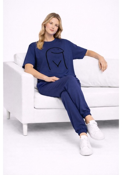 Sevgili Kombini Çift Tişört Oversize Unisex Matching Couple Minim Lacivert