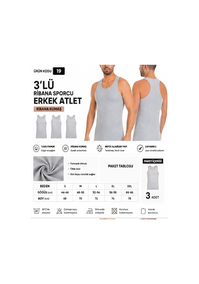 Yıldız Çamaşır Erkek Ribana Sporcu %100 Pamuk Atlet 15-17-19 - 3 Adet Gri