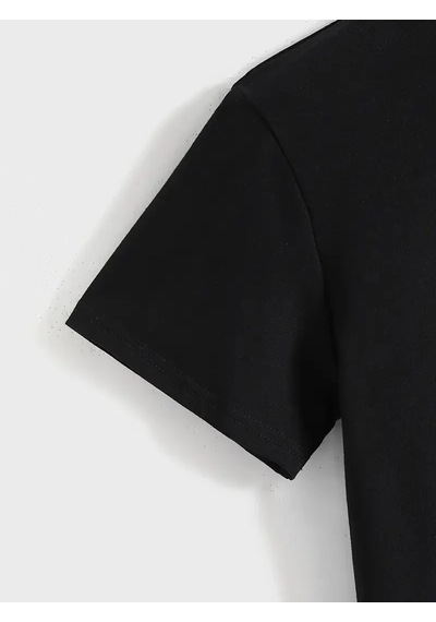 Kadın Baskılı Tişört Kısa Kol Bisiklet Yaka T-shirt - Siyah