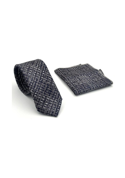 Gaffy Gri Desenli Lacivert Dokuma Kumaş Mendilli Slim Fit Kravat // Sdk-2602-2 Lacivert