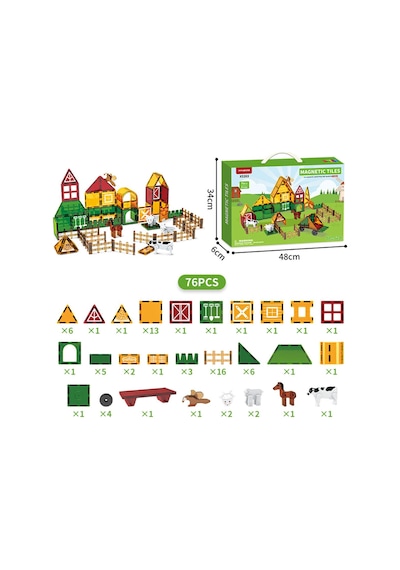 76 Parça Manyetik Çiftlik Blok Seti - 7.5 Cm Renkli Magnet Mıknatıslı Yapı Blokları, 3+ Yaş Eğitici