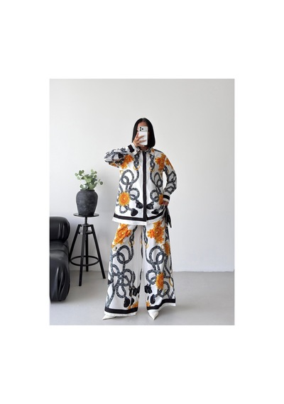 Wellway İthal Chokellaa Kumaş Çiçekli Tunik Gömlek & Pantolon 2li Takım-sarı -26116 Sarı