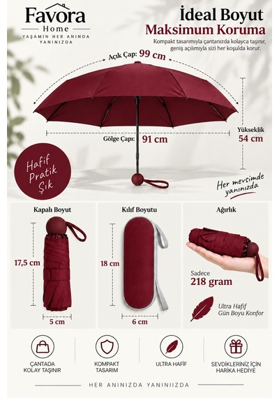 Favora Rainbox Kapsül Şemsiye - Kutulu Mini Katlanır Çanta Boy Şemsiye Bordo