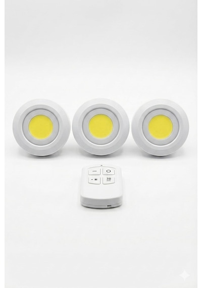 Kablosuz Led Spot Lamba Seti, Uzaktan Kumandalı, 3'lü Paket, Pilli, Yapışkan Bantlı, Zamanlayıc Beyaz