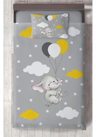 Mekta Home Bebek Ve Çocuk Odası Tatlı Fil Ve 3 Balon Desenli Yatak Örtüsü Renkli