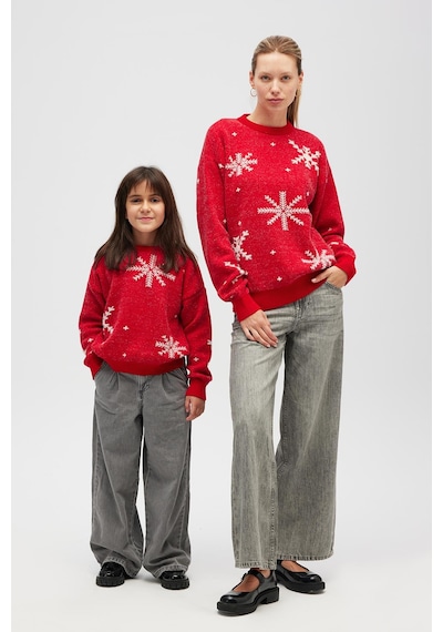 Peraluna Snowflake Kartanesi Desenli Unisex Yılbaşı Kazağı - Kırmızı Kırmızı
