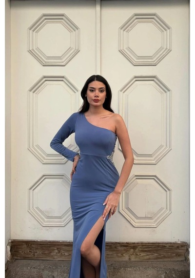Alfa Aksesuar 03 Simli Asimetrik Tek Kollu Drapeli Elbise Yaka Kumaş Indigo