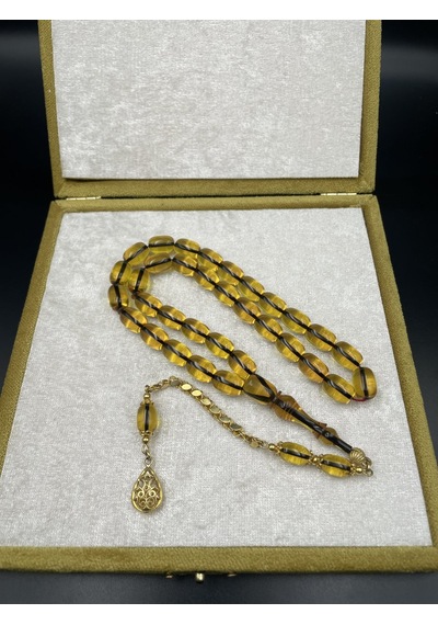 Rodajlı Gold Gümüş İp Yolları Eskitme Ateş Kehribar Tespih 11x8 Mm 32 Gr Altın - Gümüş