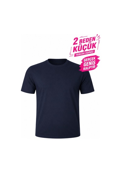 Yuvarlak Yaka Erkek Battal Düz Renk Pamuklu Basic Tshirt Lacivert