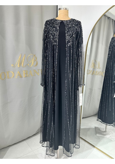 Modabanuda Wilma 2'li Takım Taşlı Abaya Siyah