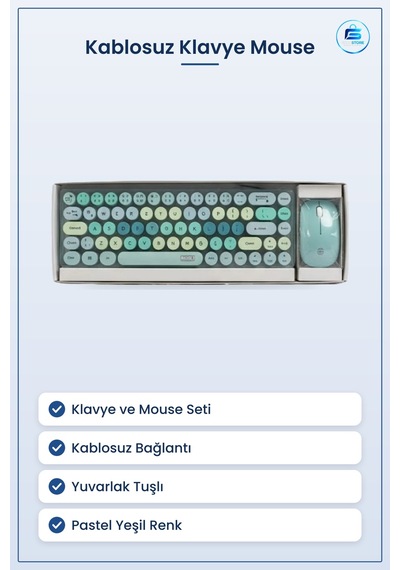 Kablosuz Klavye Mouse Set Yeşil Yuvarlak Tuşlu Masaüstü Ofis Ve E Optik