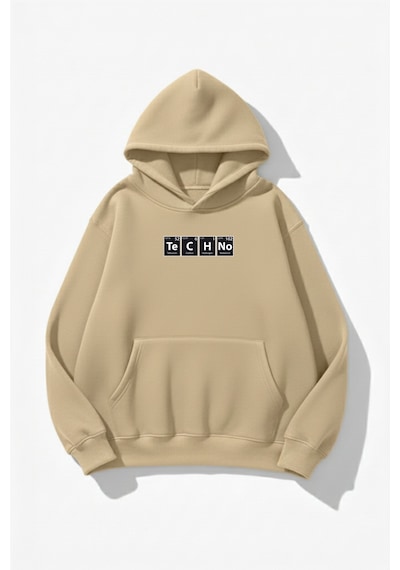 Uyguntarz Unisex Yumuşak Dokulu Techno Baskılı Tasarım Oversize 3 İplik Hoodie Sweatshirt Bej