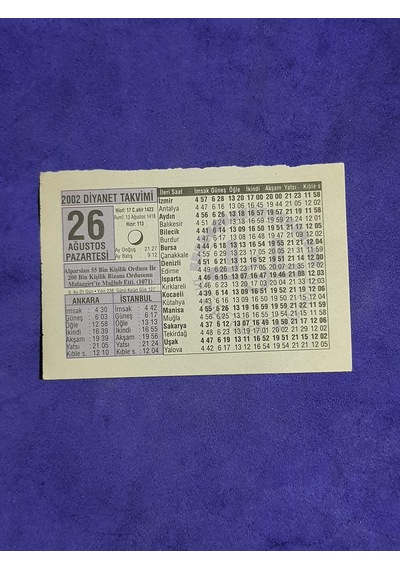 26 Ağustos 2002 Takvim Yaprağı - Nostalji Koleksiyonluk Takvim Yaprağı A