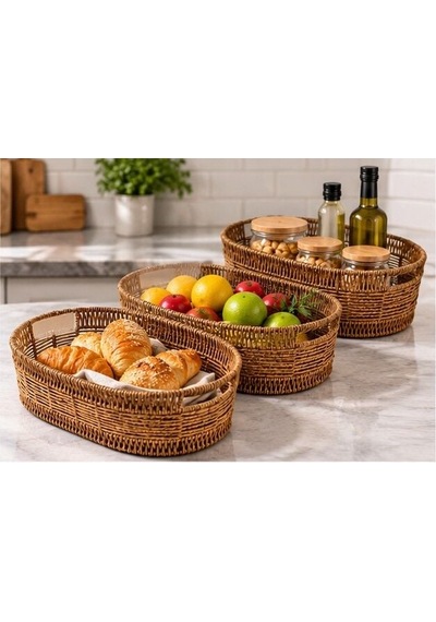 Üçlü Oval Rattan Sepet Açık Kahverengi