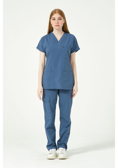 İndigo Likralı Scrubs Kargo Cep Doktor Hemşire Forması Yarasa Kol Takım Unisex