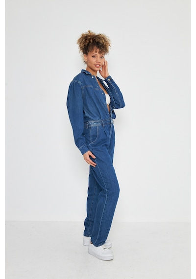 Denim Rahat Kalıp Cıt Cıt Kapamalı Tulum Açık Mavi