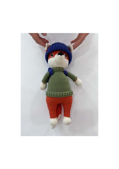 El Yapımı Amigurumi Tilki Oyuncak - Bereli Sırt Çantalı Örgü Peluş - 34 Cm Turuncu