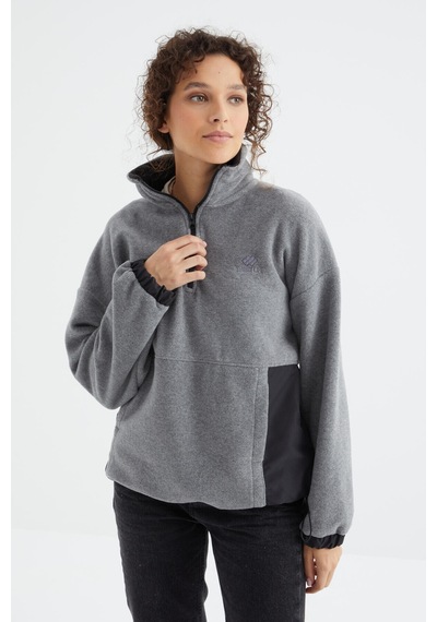 Tommy Life Gri Melanj Yarım Fermuar Etek Ucu Büzgülü Dik Yaka Oversize Kadın Polar Sweatshirt - 97236 Gri Melanj