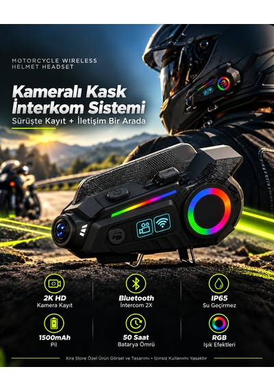 Kameralı Motosiklet Kask İnterkomu 2k Hd Video Kayıt Bluetooth 6.0 Rgb Işıklı Ip65 1500mah Kask Kulaklığı