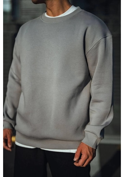 Barlashive Erkek Bisiklet Yaka 3 İplik Pamuklu Basic Sweatshirt - Boyalı Gri Çok Renkli