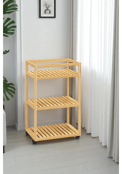 Digithome Bambu 3 Raflı Tekerlekli Sunum Servis Arabası Mutfak Rafı Sehpa Banyo Rafı Db-0029 Kahverengi