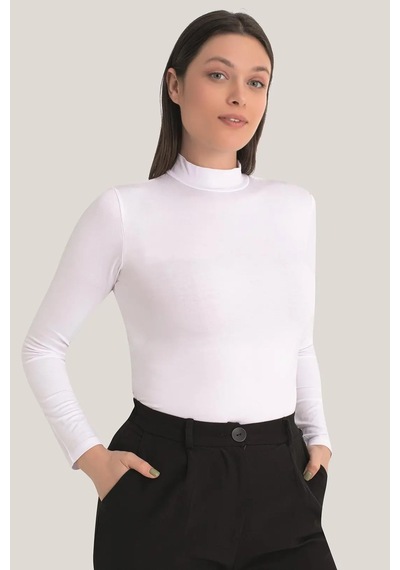 Terrien Delux Serisi Düz Renk Günlük Giysi Trend Giyim Kadın Beyaz Balıkçı Yaka Uzun Kollu Body 2'li Paket Beyaz-2