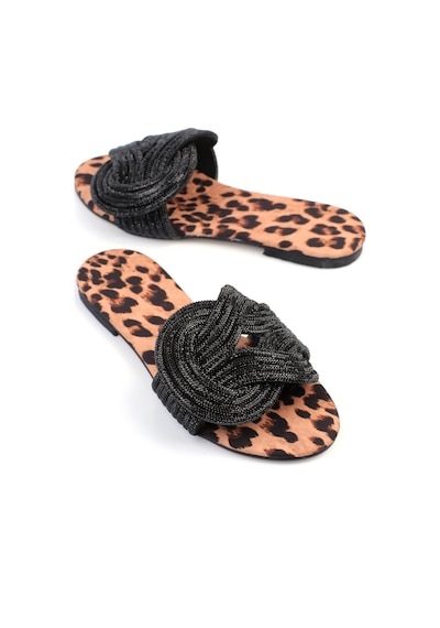 Shoetek Anwen Kadın Terlik Geçmeli Banlı Taşlı Siyah/leopar LEOPAR Kahverengi