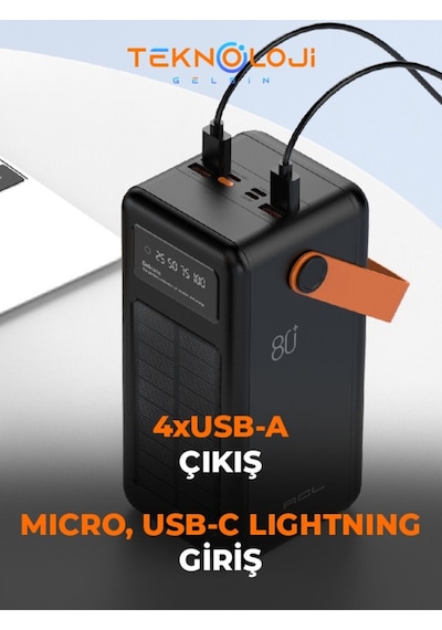 Güneş Enerjili Solar Powerbank 80.000 Mah Dijital Göstergeli El Fenerli 4 Çıkış Taşınabilir Batarya Siyah