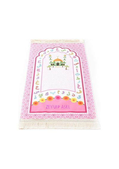 İsme Özel Çocuk Seccadesi Pembe 45x82 Cm Aksa Pembe & Kokulu Tesbih Bebek Pembesi & Ayşe Namaz Kılıyor Puzzle Çok Renkli