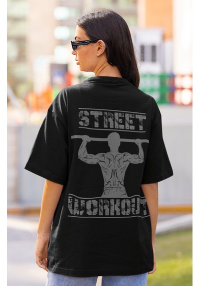 Street Workout Calisthenics Sırt Baskılı Unisex Oversize Sporcu T Siyah