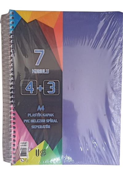 4+3 Ayraçlı Defter 7 Konulu 175 Yaprak 1 Adet 4 Kareli 3 Çizgili Spralli Plastik Kapak Seperatörlü Lila