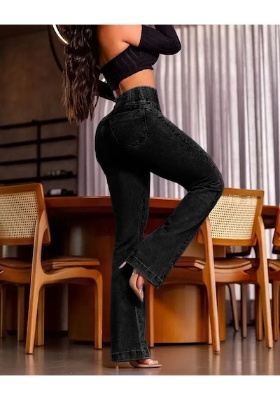 Etiler Collection Kadın Yüksek Bel Yanları Lastik Önü Düğmeli Kot Pantolon Siyah